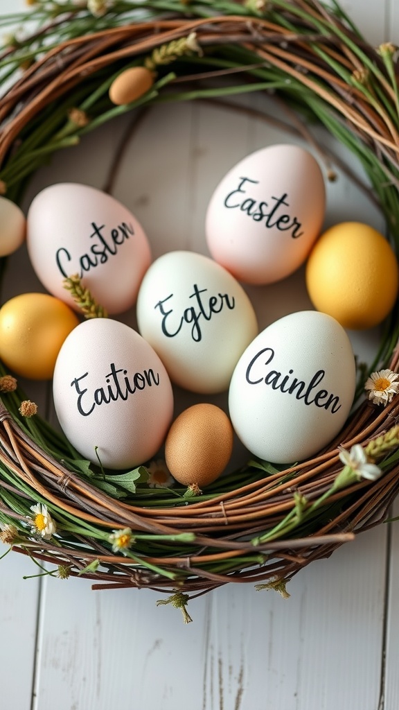 A close-up of a wreath decorated with personalized eggs, showcasing pastel colors and handwritten names.