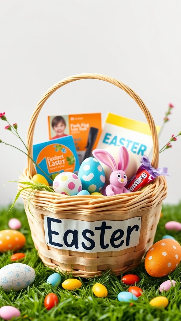 A personalized Easter basket filled with colorful eggs, candy, and a cute bunny toy.