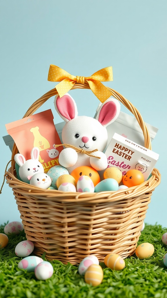 A pet-friendly Easter basket featuring a plush bunny, colorful eggs, and pet-safe goodies.