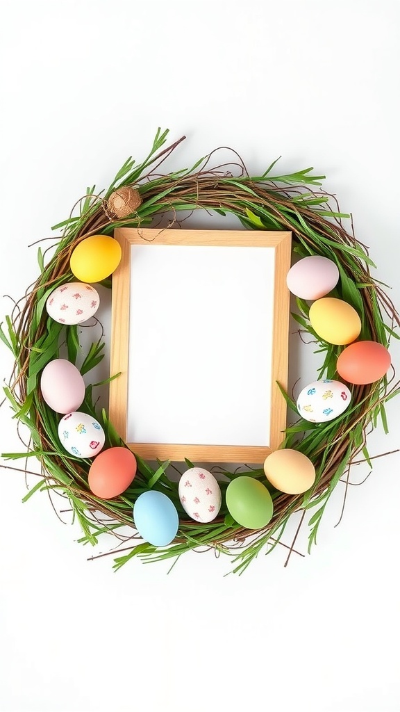 Colorful Easter egg wreath with a wooden photo frame in the center