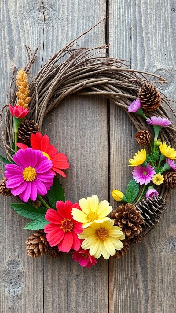 A colorful wreath made with pine cones, flowers, and a grapevine base.