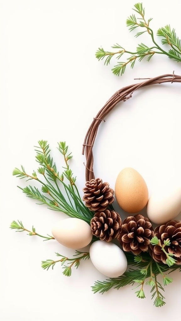 A decorative wreath featuring pinecones and eggs against a light background