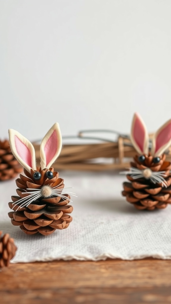 Two cute pinecone bunnies with felt ears and googly eyes