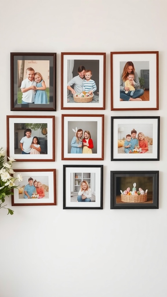 A collage of family photos in various frames displayed on a wall, showcasing playful moments from Easter celebrations.