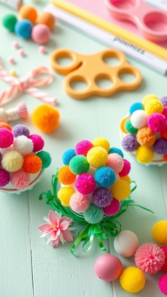 Colorful pom-pom decorated Easter eggs on a green surface with craft supplies