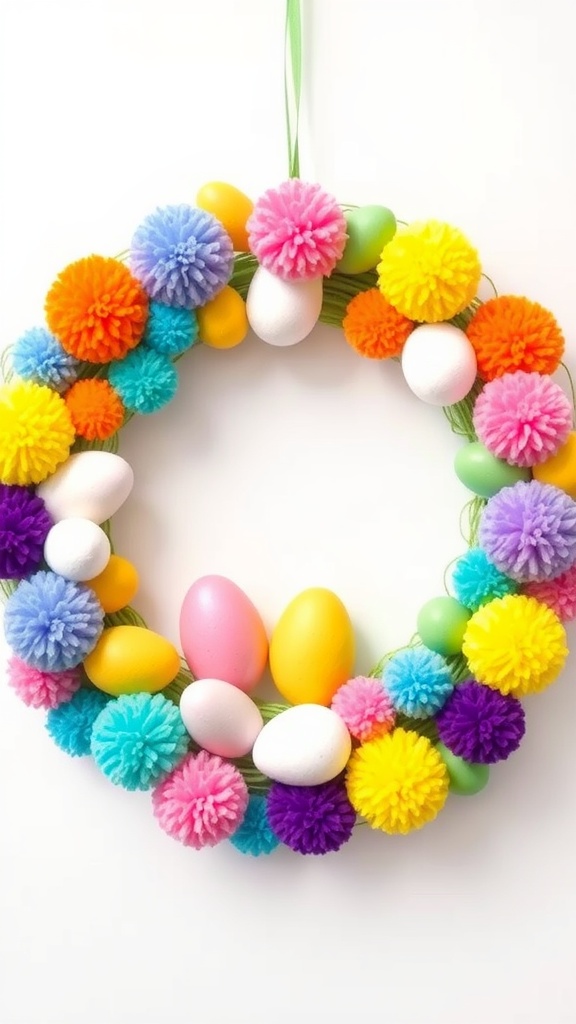 A colorful wreath made of pom-poms and plastic eggs hanging on a wall