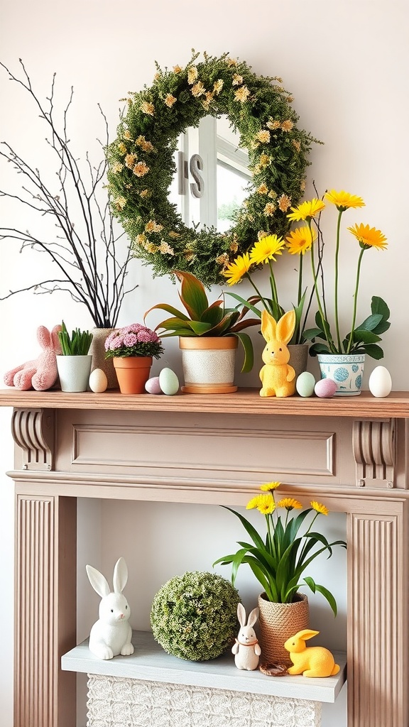 A beautifully decorated mantel with potted spring flowers, bunny figurines, and Easter decorations.