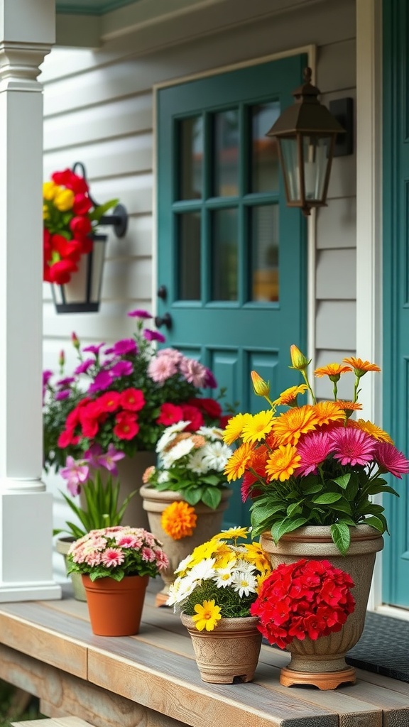 Colorful potted flowers on a porch with a teal door