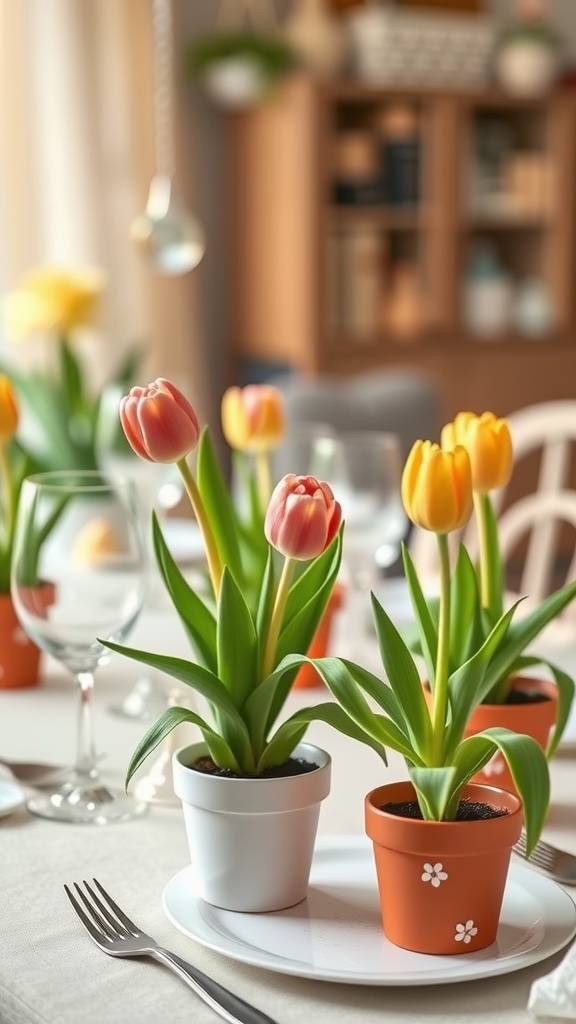 A table setting featuring potted tulips in white and orange pots, surrounded by glassware and cutlery, creating a festive atmosphere.