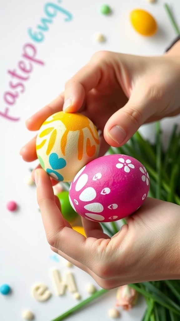 A person holding two decorated Easter eggs, one yellow with blue flowers and one pink with white patterns, surrounded by colorful candies and green grass.