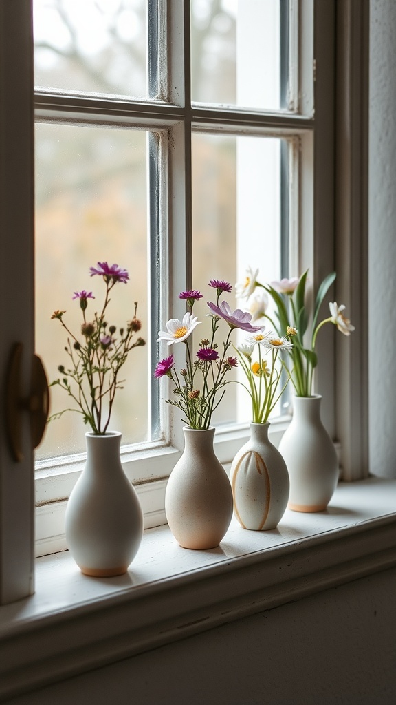 A row of eggshell vases filled with colorful flowers on a windowsill