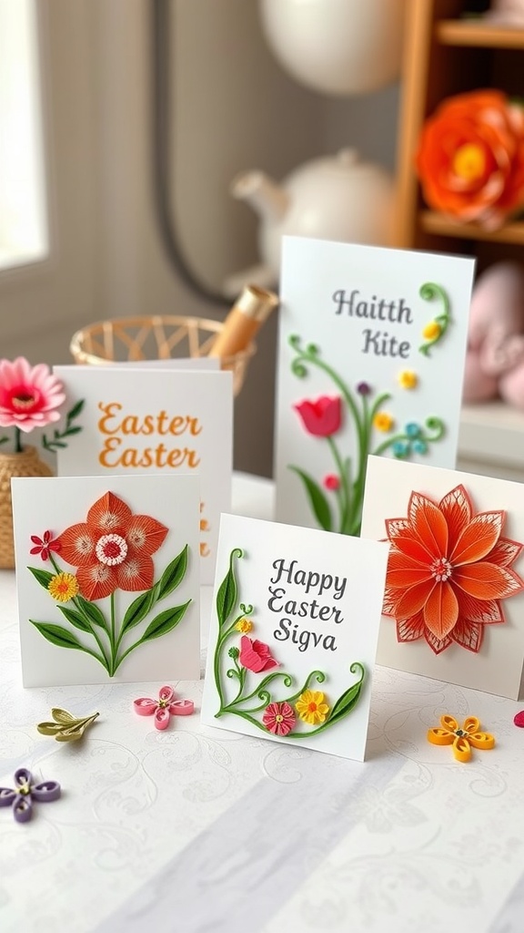 Colorful quilled paper Easter cards displayed on a table.