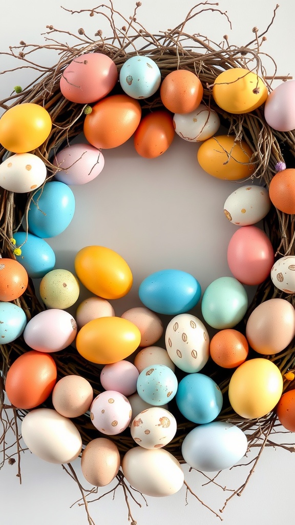 A colorful Easter egg wreath made of vibrant eggs arranged on a twig base.