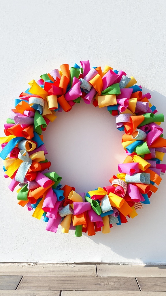 A colorful wreath made of various ribbons, displaying vibrant colors like pink, yellow, green, and blue, arranged in a circular shape.