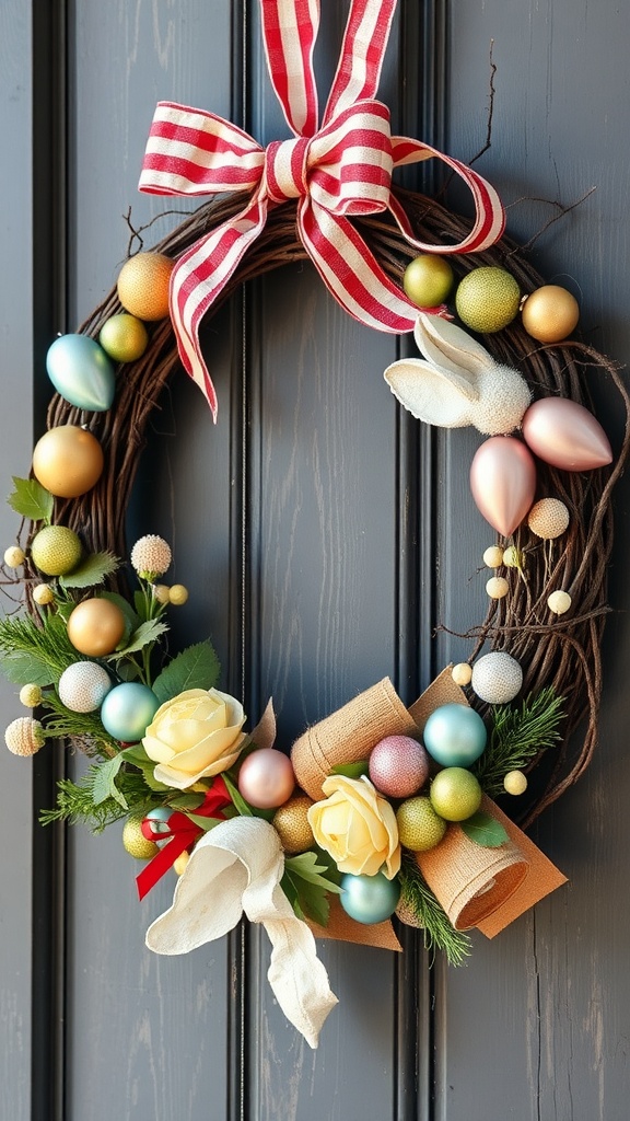 A colorful Easter egg wreath with various decorations, including flowers and ribbon, hanging on a door.