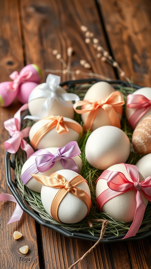 A collection of ribbon-wrapped eggs in pastel colors arranged in a basket with decorative elements.