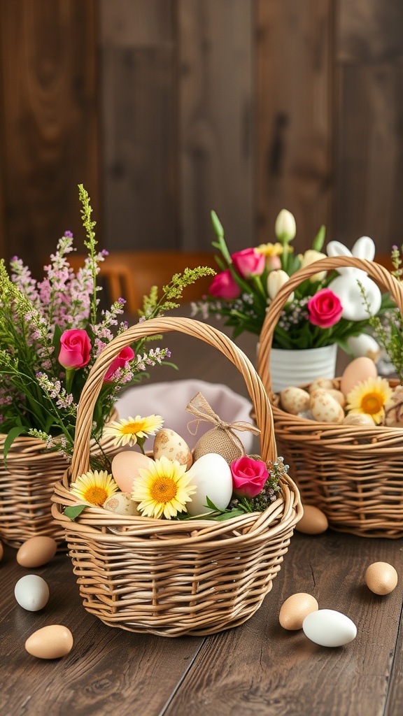 A collection of rustic Easter baskets filled with pastel eggs and flowers.