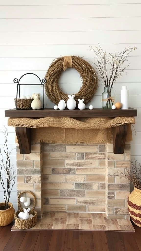 Rustic farmhouse mantel decorated for Easter with burlap runner, natural wreath, bunnies, and eggs.