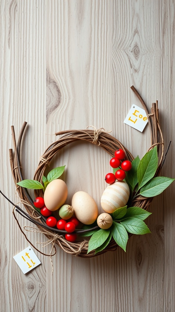 A rustic twine wrapped wreath decorated with pastel eggs, red berries, and green leaves on a wooden background.