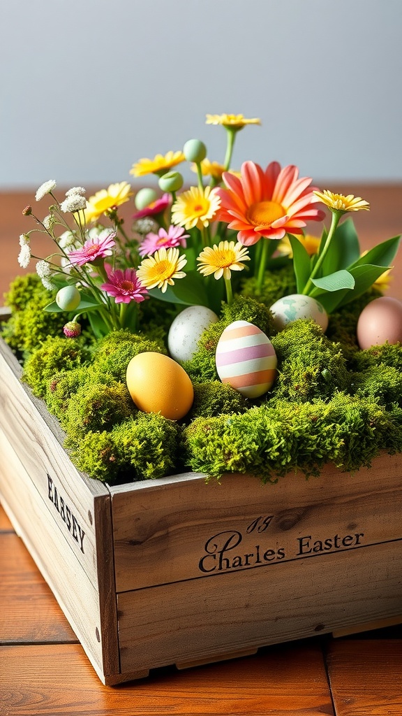 A rustic wood crate filled with flowers and decorative Easter eggs.