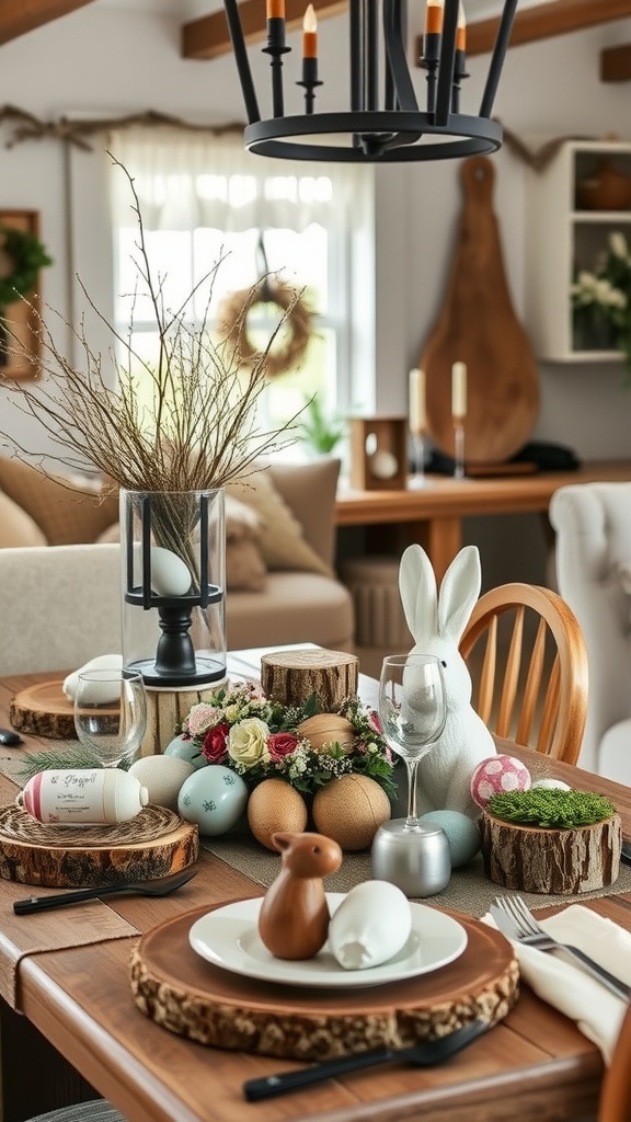 A rustic Easter table setting featuring wooden accents, decorative eggs, and a bunny figurine.