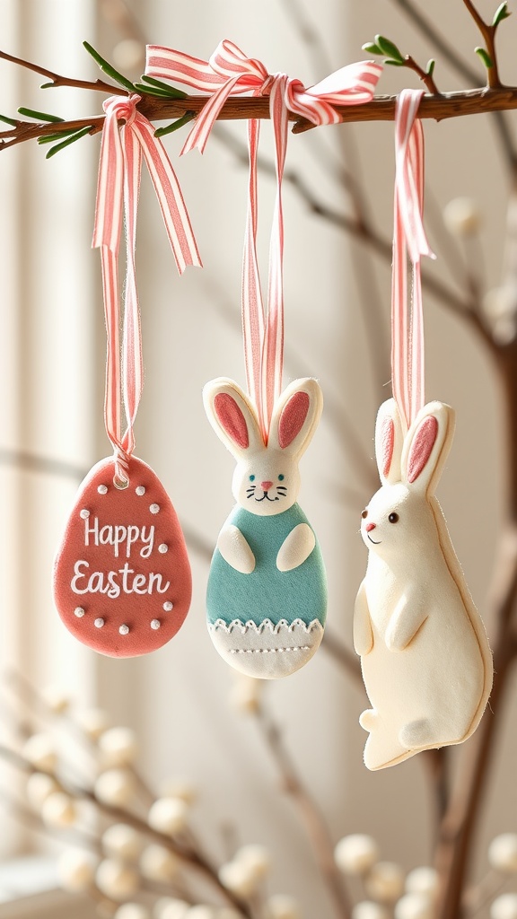 Colorful salt dough Easter ornaments hanging from a branch