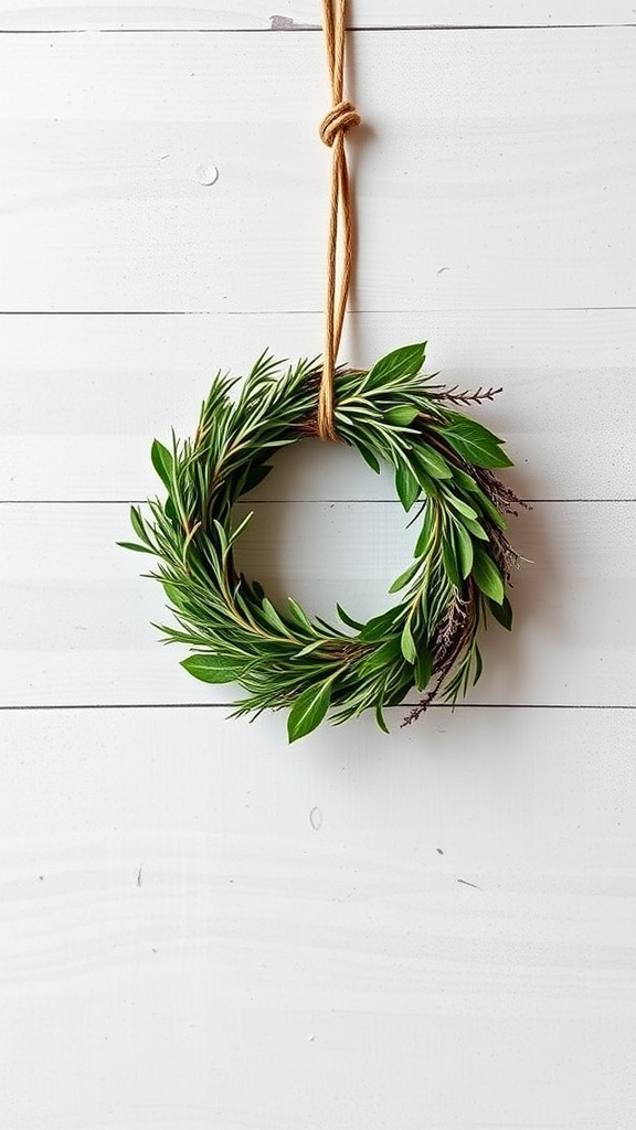 A circular wreath made of fresh herbs, hanging on a white wooden background.