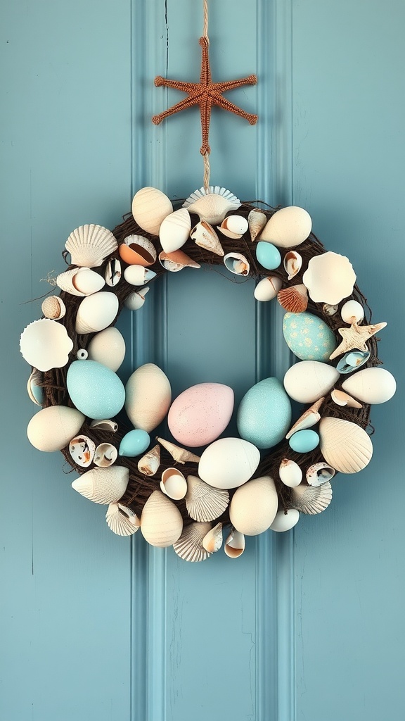 A wreath made of colorful eggs and seashells, hanging on a blue wall, featuring a starfish on top.