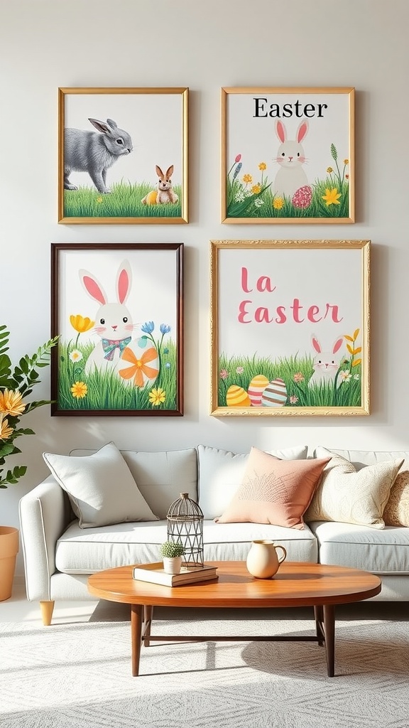 A collection of Easter-themed artwork featuring bunnies and colorful eggs, displayed in elegant frames on a living room wall.