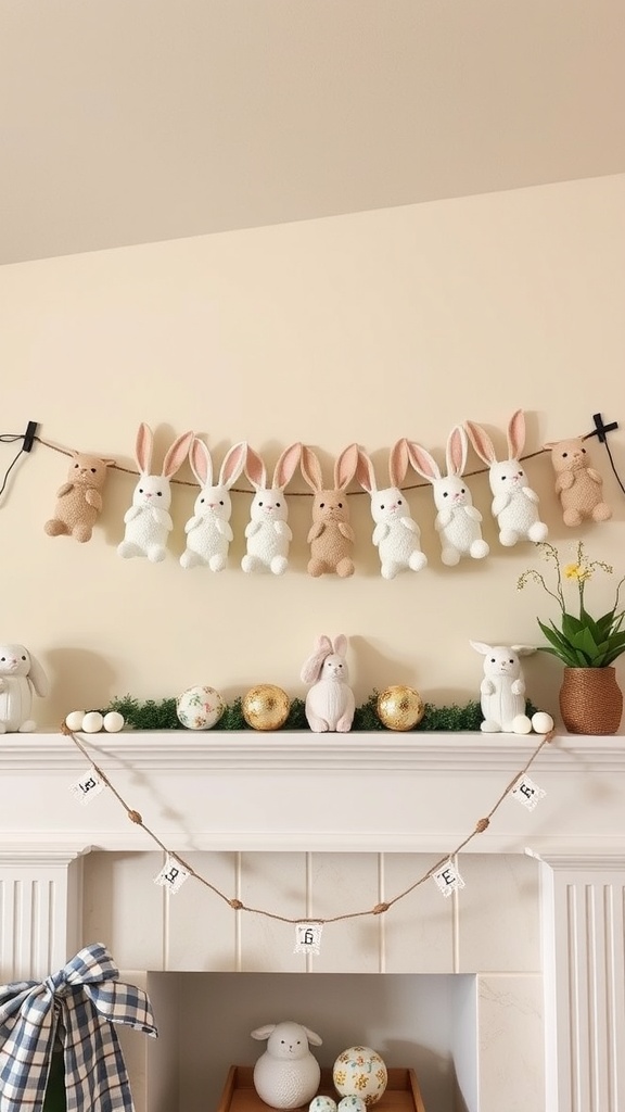 A decorative mantel featuring a bunny garland and Easter decorations.