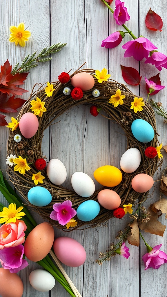 A colorful Easter wreath made with pastel eggs and bright flowers on a wooden background.