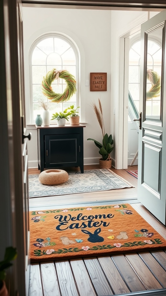 A cozy entrance featuring a colorful 'Welcome Easter' doormat, plants, and a wreath.