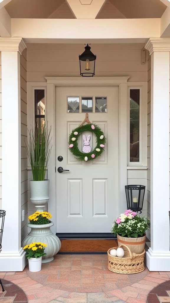 A decorated entryway featuring a door with a bunny wreath, potted flowers, and a basket with eggs.