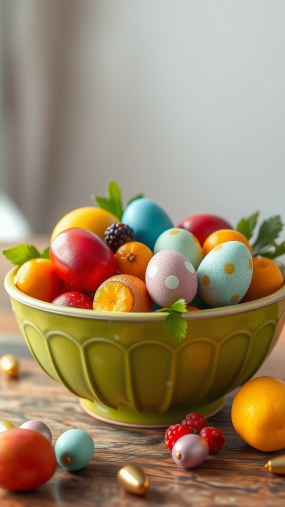 A colorful bowl filled with decorated eggs and seasonal fruits, set on a wooden table.