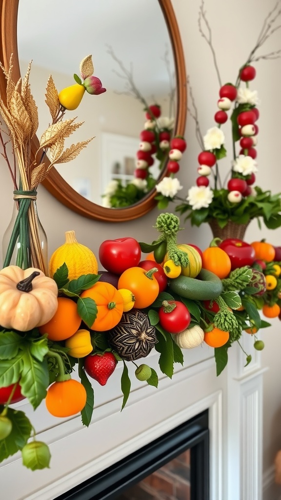 A colorful garland made of faux fruits and vegetables displayed on a mantel