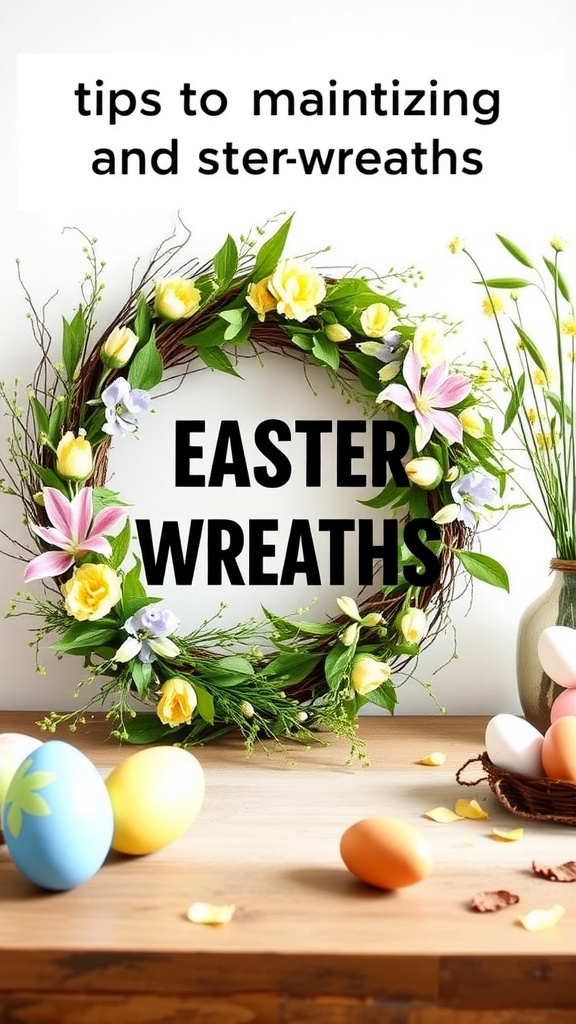 A colorful Easter wreath with flowers and painted eggs on a wooden table.