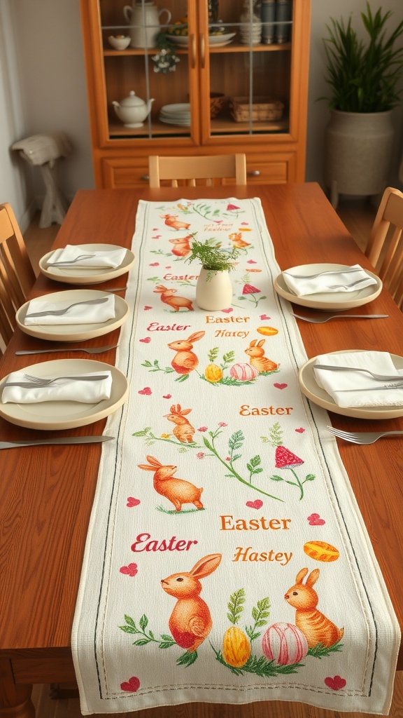 A beautifully decorated table with a seasonal Easter table runner featuring bunnies and colorful eggs.