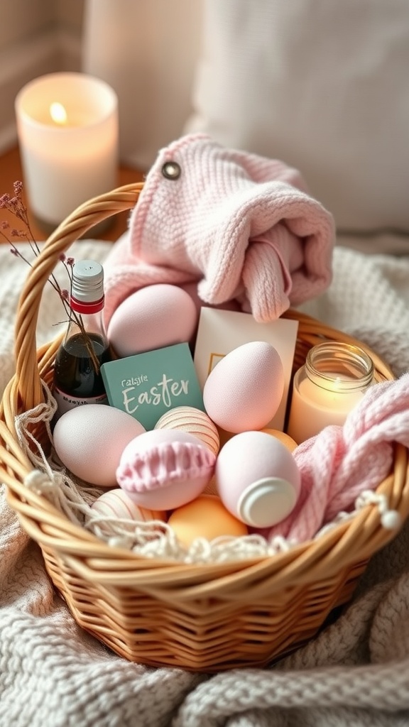 A cozy self-care basket filled with pastel eggs, a pink sweater, a candle, and a card, set against a soft background.