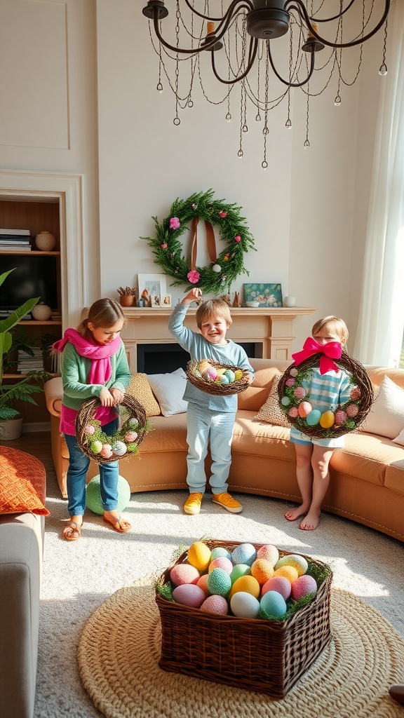 Children showcasing colorful Easter egg wreaths in a cozy living room.