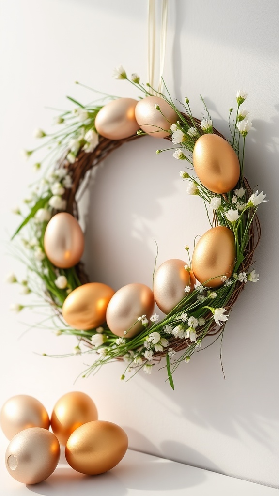 A wreath made of metallic eggs and flowers hanging against a white background.