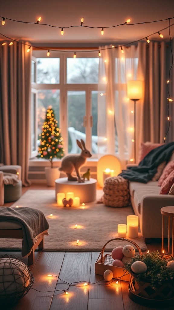 A cozy living room decorated for Easter with soft lighting, fairy lights, and festive decor.