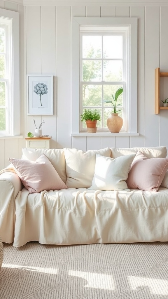 A cozy living room with a light-colored couch adorned with soft pastel cushion covers, bright windows, and plants.