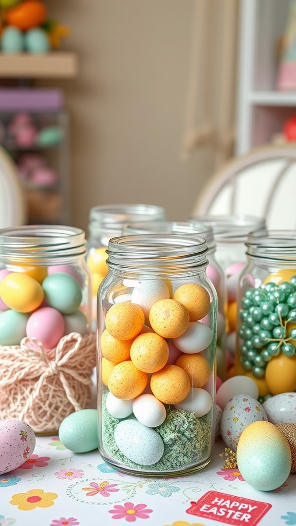 Colorful jars filled with Easter eggs and decorative elements for a festive centerpiece