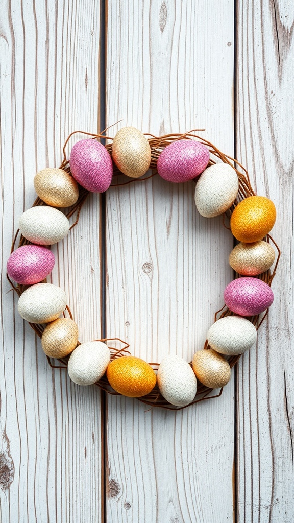 A wreath made of colorful glitter eggs on a wooden background.