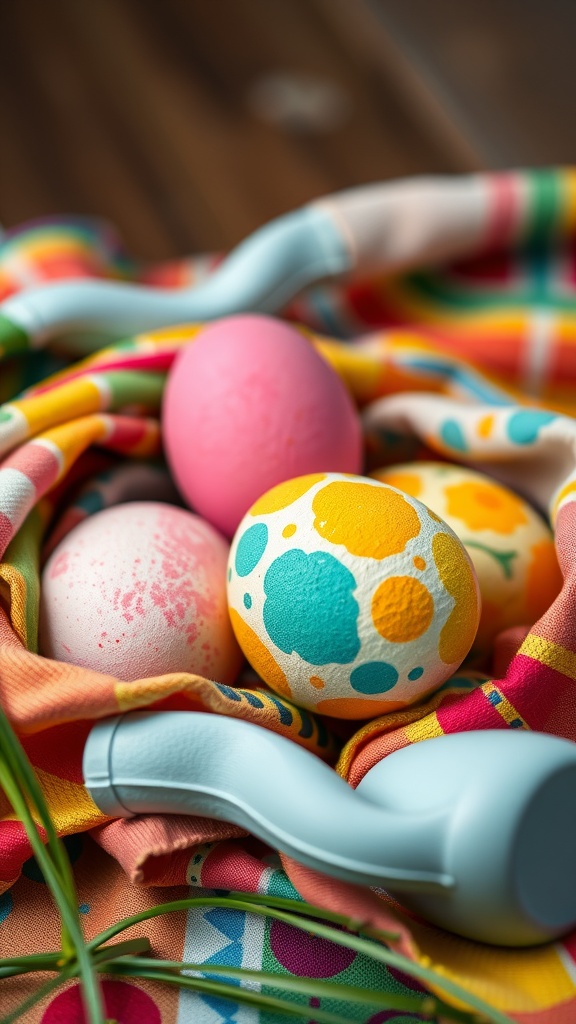 Colorful sponge painted Easter eggs resting on a vibrant cloth