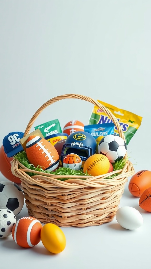 A woven basket filled with sports-themed items including mini footballs, basketballs, soccer balls, and candy.