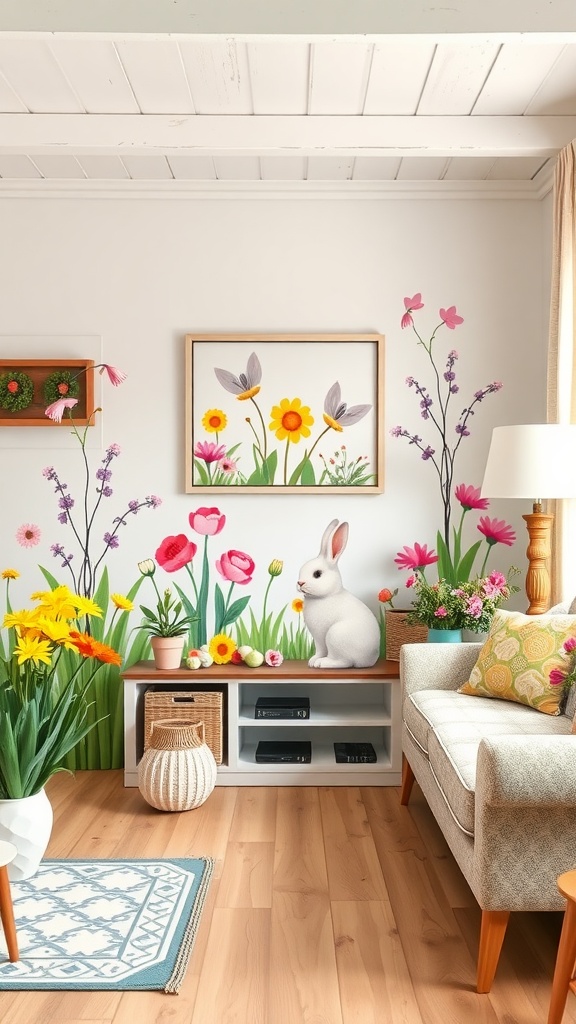 A cozy living room decorated with spring-inspired wall art featuring colorful flowers and a bunny.