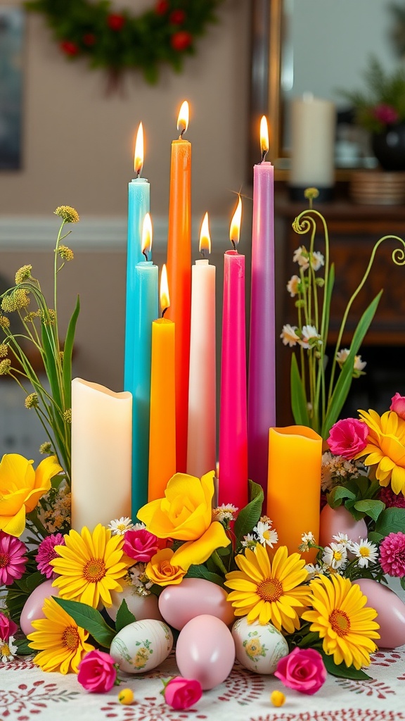 A colorful candle arrangement with flowers and decorative eggs for Easter