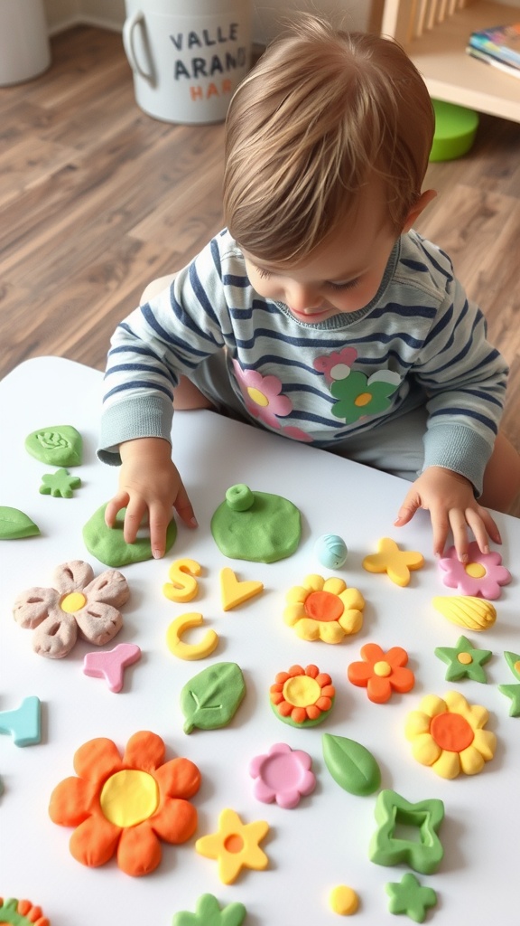 A toddler playing with colorful playdough, creating spring-themed shapes like flowers and leaves.