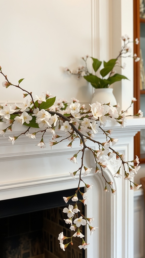 A beautiful spring blossom garland featuring white flowers and green leaves arranged on a white mantel.